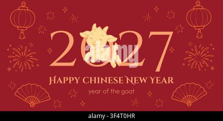 Chinesisches Neujahrsbanner 2027 mit einem niedlichen Zicklein, großen goldenen Zahlen, rotem Hintergrund, Laternen, Faltfächern, Feuerwerk und festlichen Dekorationen Stock Vektor