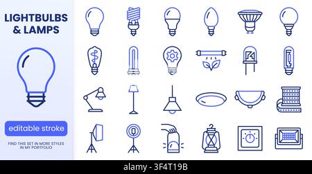 Glühlampe, Geräteleitungssymbole gesetzt. Leuchtstofflampe, LED, Glühlampe, Smart Ring, Softbox, Lavalampe flach minimale Vektordarstellungen. Einfache Gliederung Stock Vektor