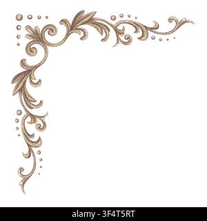Vintage-Eckornament. Handgezeichnete Aquarellgold-Baroque verzierte Filigran in elegantem dekorativem Stil. Klassisches Design für Hochzeitseinladungs-Vorlage. Luxuriöses Dekorationselement für gotisches Logo. Stockfoto