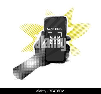 Telefon in der Hand QR-Rahmen Ausschnitt Halbtontropfen-Kollage-Elemente. Pop-Art-Set Retro-Telefon mit Bildschirm-Aufkleber. Social-Media-Poster. App-Cover-Mockup. Smartphone leeres Display. . Vektorillustration Stock Vektor