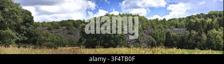 Panorama, dichte Baumreihe vor einer Wiese und Abraumhalden des Schieferabbaus unter blauem Himmel mit Wolken, Schieferpark Lehesten, Thüringer Schiefergebirge Stockfoto