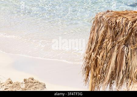 Kristallklares türkisblaues Meerwasser plätschert sanft an einem unberührten Sandstrand von Ayfilon, eingerahmt von Strohsonnenschirmen an einem sonnigen tropischen Sommertag Stockfoto