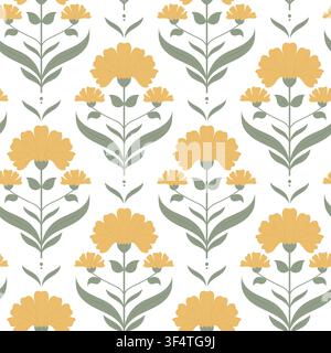 Floraler Ornament, nahtloses Muster. Vektorillustration. Zeichnung von gelben Blumen und grünen Zweigen, isoliert auf Hintergrund. Für die Dekoration von Textilien, Stock Vektor