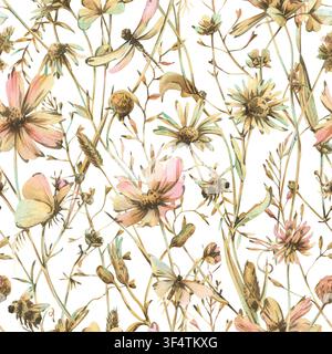 Aquarell nahtloses Muster mit Wildblumen und Gras in Pastelltönen. Handgezeichneter botanischer Hintergrund mit Wiesenpflanzen und Libelle für Stoff Stockfoto