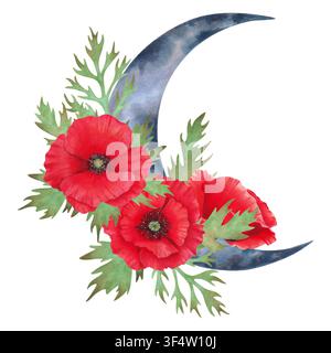 Aquarellbotanische Illustration eines Halbmonds mit roter Mohnblume und Laub. Handgezeichnete Komposition. Tag der Mohnblume. Geeignet für Kinderzimmer-Dekoration Stockfoto