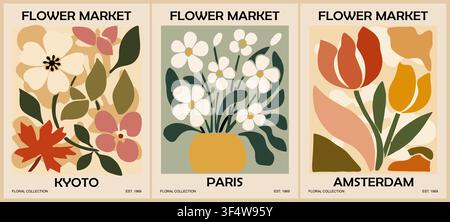 Retro-Blumenplakate erinnern an den Charme eines Vintage-Marktes Stock Vektor