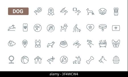 Hundetpflege- und Haustierservicesymbole, die Pflege, Spazierengehen, Fütterung, Training, Gesundheit, Adoption und Zubehör für Veterinär- und Tierlifestyle-Themen zeigen, schwarze Linienicons-Set-Vektorillustration Stock Vektor