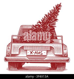 Weihnachtslieferung mit Kleintransporter. Vollständig handgezeichnete Radierung für Feiertagsanzeige Stock Vektor