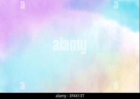 Weiche Pastellfarbene Regenbogen-Wasserfarben-Himmel-Textur-Hintergrund mit lila, blauem, mintfarbenem und cremefarbenem Farbverlaufswolken, verträumte abstrakte Kulisse Stockfoto