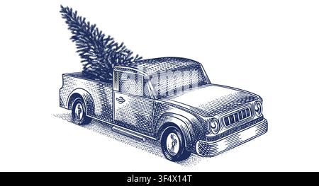 Weihnachtslieferung mit Kleintransporter. Vollständig handgezeichnete Radierung für Feiertagsanzeige Stock Vektor