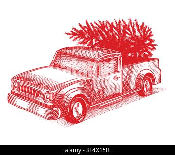 Weihnachtslieferung mit Kleintransporter. Vollständig handgezeichnete Radierung für Feiertagsanzeige Stock Vektor