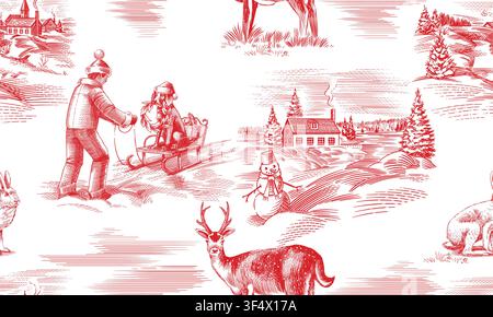 Weihnachts-Toile-de-Jouy-nahtloses Muster. Winterszenen mit Kindern, Natur und Kiefern. Landschaft und Tiere und Schneemann. Traditionell handgezeichnet Stock Vektor