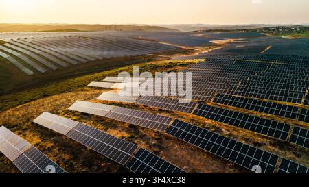 Luftbild von weitläufigen Photovoltaik-Panel-Arrays über hügeligem ländlichem Gelände im warmen Abendlicht. Stockfoto