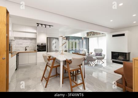 Modernes Loft-Style Wohn- und Esszimmer mit Kücheninsel und hölzernen Barhockern, eingebautem Kamin und Aquariums-Element Stockfoto