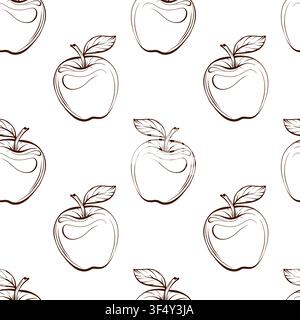 Nahtloses Muster mit reifen Äpfeln, botanische Feinen-Linien-Vektorillustration im klassischen Bauernhausstil für Stoff, Geschenkpapier, Verpackung Stock Vektor