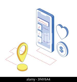 Lieferbewertungen, die auf einem isometrischen Telefon angezeigt werden. Flache Vektorillustration für Kundenzufriedenheit, Loyalitätsprogramme. Lebensmittelzustellung Stock Vektor