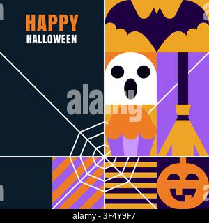 Fröhliche Halloween-Flache geometrische Banner, Flyer, Poster, Grußkarte. Abstraktes Design mit Fledermaus, Kürbis, Geist, Cupcake, Besen, Spinnweb auf dunklem Hintergrund Stock Vektor