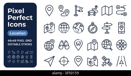 Satz von pixelperfekten Standort- und Navigationslinien-Icons für Kartenanwendungen Stock Vektor