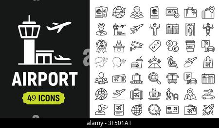 Set mit 49 dünnen Linien-Flach-Icons für Flughafent Reisen und Navigationssymbole Stock Vektor