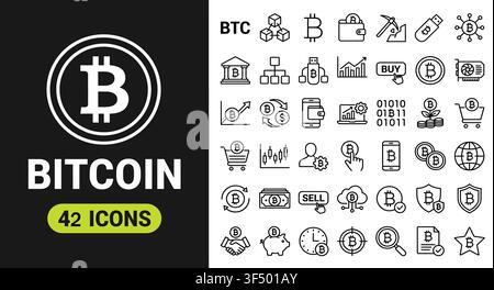 Satz von 42 Bitcoin-Kryptowährung- und Blockchain-Technologie-Kontur-Symbolen für Webdesign Stock Vektor