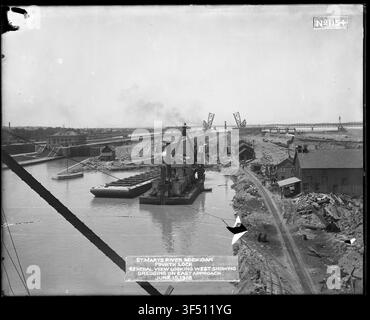 Eine Ansicht von 1680 des Vierten Schleusens des St. Marys Falls Kanals, nach Westen gerichtet und mit Baggerarbeiten am östlichen Zugang, aus den Aufzeichnungen des Büros des Chefingenieurs. Stockfoto