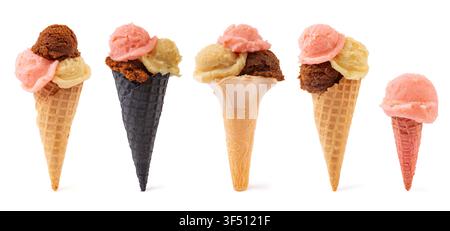 Verschiedene Eiscreme-Sorten in knusprigen Waffeltüten Stockfoto