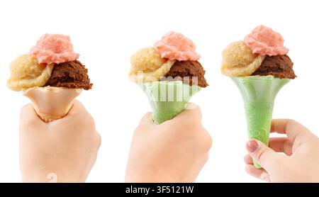 Verschiedene Eiscreme-Sorten in knusprigen Waffeltüten Stockfoto