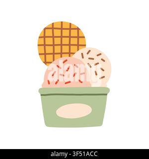 Süße Eiscreme-Schnitze in einem grünen Pappbecher mit Waffelkeks-Vektorgrafik. Flaches süßes Dessert-Element für Sommermenüs, Party-Muster und Stock Vektor