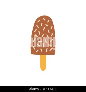 Schokoladeneis am Holzstab Vektorillustration mit weißen Streuseln. Flaches süßes gefrorenes Dessert-Element für Sommerparty-Grafiken Stock Vektor