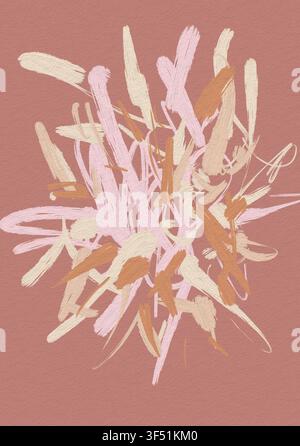 Abstrakte Malerei mit ausdrucksstarken Pinselstrichen in Rosa, Beige, Creme und Terrakotta-Orange auf einem Hintergrund in Altrosa. Stockfoto