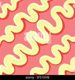 Abstrakte digitale Illustration mit kräftigen, verschnörkelten, welligen Linien in Gelb mit rotem Schatten auf einem strukturierten rosa Hintergrund. Ein Retro-Design im Stil der 90er Jahre. Stockfoto