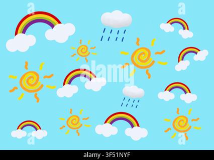 Wetterillustration mit Regenbögen, Sonnen, weißen Wolken und Regentropfen auf einem hellblauen Himmelshintergrund. Stockfoto