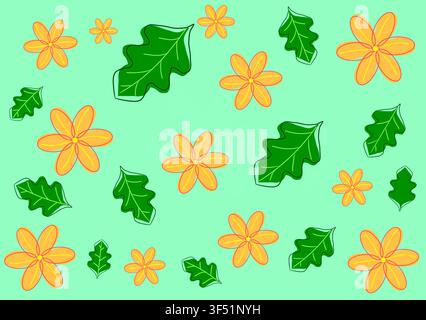 Illustration von orangefarbenen tropischen Blumen und grünen Eichenblättern, die auf einem frischen mintgrünen Hintergrund verstreut sind. Stockfoto