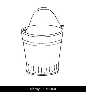 Metallischer Garteneimer mit Griff, handgezeichnete lineare Vektorillustration, einfache Haushalts- oder Landwirtschaftsausrüstung für Aufgaben und Reinigungsdesign, niedliches schwarz-weißes Outline-Doodle isoliertes Clipart Stock Vektor