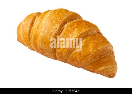 Ein Croissant im Nahaufnahme auf weißem Hintergrund. Croissant im Seitenansicht. Stockfoto