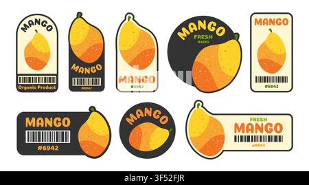 Mango-Frucht-Aufkleber-Set. Handgezeichnete lustige bunte organische Abzeichen mit frischem natürlichem Stempel oder Hintergrund für Markt, Lebensmittelgeschäft und Bauernladen. Vintage-Poster-Vektor-Illustrations-Set Stock Vektor