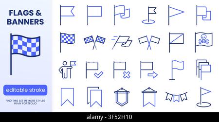Flag, Navigationszeilensymbole gesetzt. Rennfahnen, Zielerreichung, Piratenschädel-Kreuzknochen, flache minimale Vektorgrafiken. Einfach Stock Vektor
