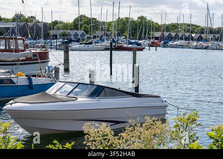 Kleines Motorboot, das im Sommer in einer Marina festgemacht ist Stockfoto