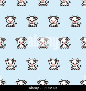 Nahtloses Pixelart-süßes-Kuh-Muster auf blauem Hintergrund. Stock Vektor