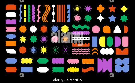Trendiger Vektor-Brutalismus farbenfrohe Y2K-Formen Icons Bögen, Wellen, Sterne, Ovale, Spiralen und andere primitive Elemente. Schweizer Design-Ästhetik. Abstrakte geometrische Figuren. Bauhaus-Memphis-Design. Stock Vektor