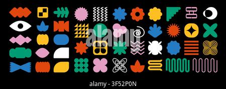 Trendiger Vektor-Brutalismus farbenfrohe Y2K-Formen Icons Bögen, Wellen, Sterne, Ovale, Spiralen und andere primitive Elemente. Schweizer Design-Ästhetik. Abstrakte geometrische Figuren. Bauhaus-Memphis-Design. Stock Vektor