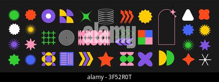 Trendiger Vektor-Brutalismus farbenfrohe Y2K-Formen Icons Bögen, Wellen, Sterne, Ovale, Spiralen und andere primitive Elemente. Schweizer Design-Ästhetik. Abstrakte geometrische Figuren. Bauhaus-Memphis-Design. Stock Vektor