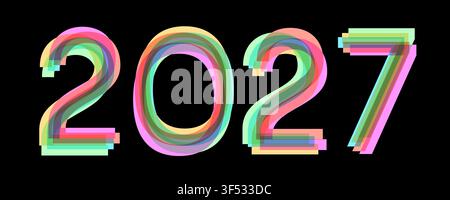 Regenbogenhand ertränkt fröhliches Neujahr und Weihnachtskalendercover 2027, typografische Schriftart. Holografisches Design isoliert auf schwarzem Hintergrund. Vektorillustration Stock Vektor
