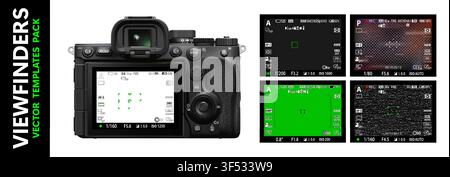 Moderne spiegellose Digitalkamera mit Fokussierungsbildschirm, isoliert. Sucherkamera gefiltert. DSLR-Spiegellose Kamera mit Aufnahmeschicht-Overlay. Recorder-Kamera-Anzeige Stock Vektor