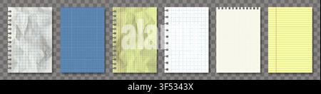 Vektor-realistische Notizpapierpackung isoliert. Weiß, Retro, Gelb und Blau. Neu, zerrissen, zerknittert, gezackte Blaupause leere Notizblätter. Gitterlinien, cro Stock Vektor