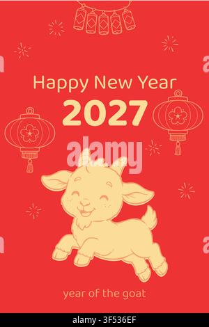 Chinesische Neujahrskarte 2027 mit einem niedlichen springenden Zicklein, goldenen Laternen, hängenden Feuerwerkskörpern und dekorativen Feuerwerksfarben auf leuchtend rotem Grund Stock Vektor