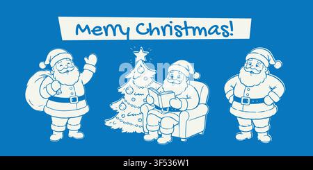 Weihnachtsgrußillustration mit drei fröhlichen Weihnachtsmannfiguren, darunter ein winkender Weihnachtsmann mit einem Gesack und ein lesender Weihnachtsmann neben einem Stock Vektor