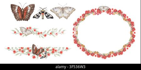 Schmetterlingskranz mit Blume und Text-Trenner-Set Aquarellillustration. Handgezeichneter weißer und roter Pfau mit Schnurrbart und Wespenfalter. Botanische Blumenvorlage für Vintage-Sommer-Glückwunschkarte. Stockfoto