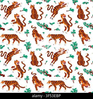 Asiatisches Nahtlosmuster mit vollständigen Tigern auf weißem Hintergrund. Ziehen Sie zum Farbfeld-Panel, um es zu verwenden Stock Vektor