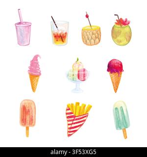 Satz von Getränken, Essen und Eiscreme von Sommerferien im Aquarellstil mit weißem Hintergrund Stockfoto